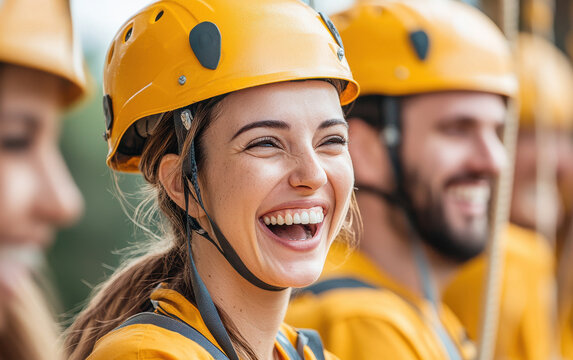 Employees laughing during outdoor ropes course, showcasing teamwork and joy - Powered by Adobe
