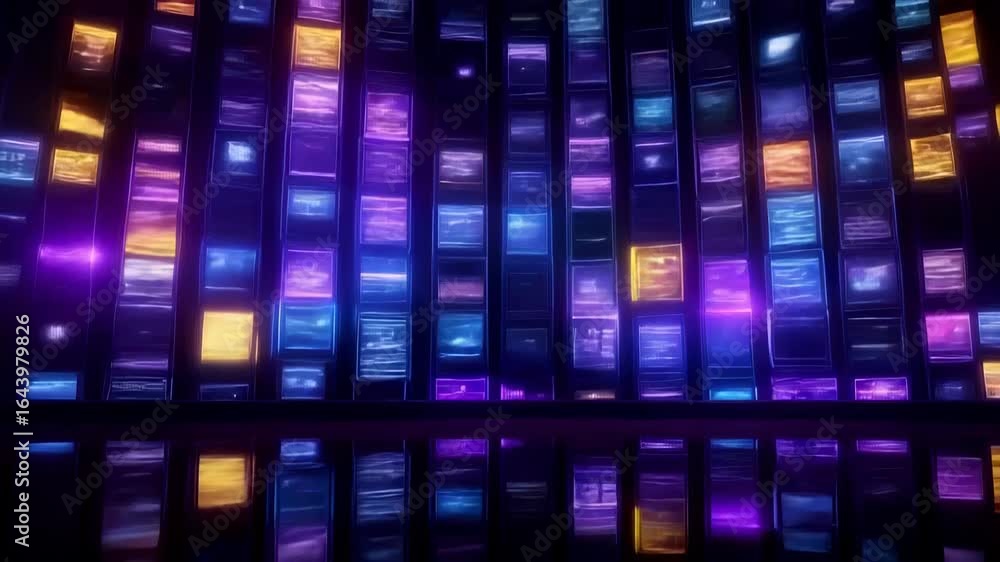 Poster abstract technological background with glowing rectangular screens in blue, purple, and green colors