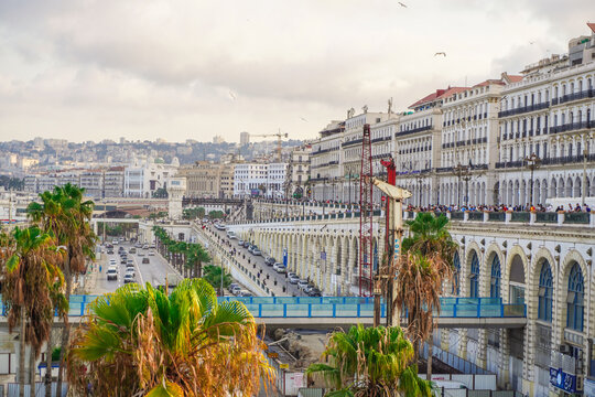 Alger the capital city of Algeria, North Africa, city centre of Algiers, the capital of Algeria, Landscape of Algiers city With port and mediterranean sea and white buildings, Arab Maghreb Africa.