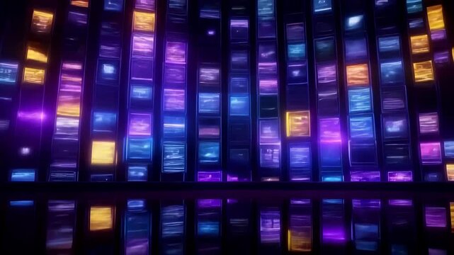 Abstract technological background with glowing rectangular screens in blue, purple, and green colors. Vertical grid structure representing data streaming and digital communication