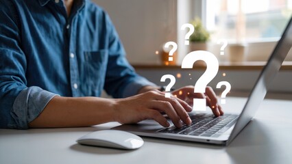 Seeking answers online with laptop and floating question marks for modern business solutions