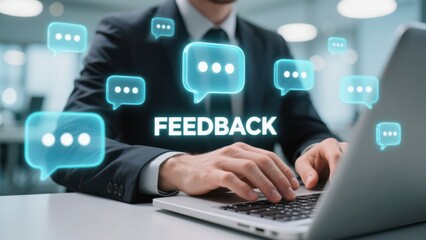 Feedback concept with business professional typing on laptop surrounded by digital chat icons.