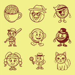 Collection of whimsical and amusing characters designed with vibrant colors and playful expressions