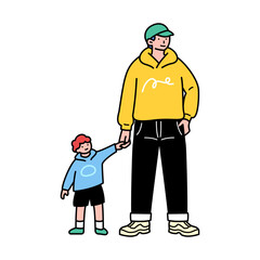 Illustration of a father raising children, holding hands with his children. The family is out on a weekend outing. A single father and his children.