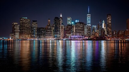 Obraz premium The skyline of New York City glittered at night, with countless lights reflecting the city’s vibrant energy.