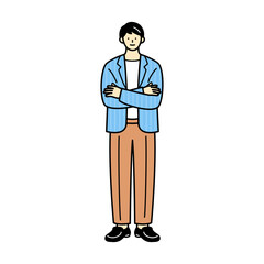 Illustration of a young entrepreneur or businessman with his arms crossed. The figure is dressed in business casual attire, wearing a jacket.