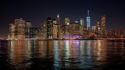 Fototapeta premium The skyline of New York City glittered at night, with countless lights reflecting the city’s vibrant energy.
