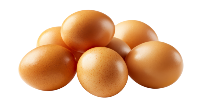 Pile of brown chicken eggs on white