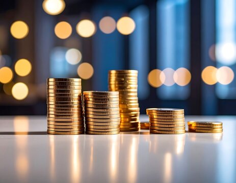 Gold coins stacked in columns on a white surface