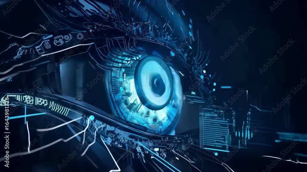 Poster futuristic robotic eye with complex technological details, glowing blue circuit-like iris, intricate