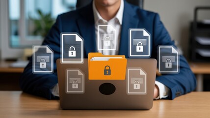 Digital Document Security - A businessman at a laptop, with a glowing folder and file icons that have padlocks, symbolizing secure data and file protection