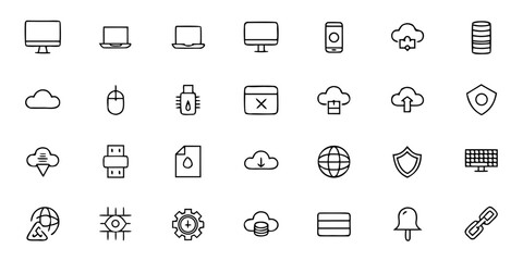 Information Technology Outline Icon Set — Computers, Networks, and Digital Communication Vector Illustrations for IT Services, Software Development, and Cloud Computing