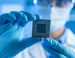 Close-up of a technician examining a microchip.