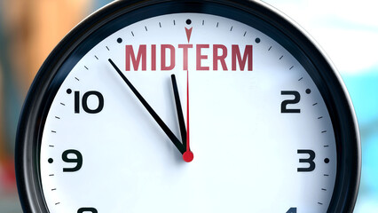 Midterm that is going to happen soon. Incoming midterm, approaching in the near future. Midterm almost here, in a short time - a clock symbolizes a reminder that midterm is near. ,3d illustration