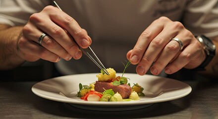 The Final Touch: A Chef's Hands Meticulously Plating a Gourmet Masterpiece