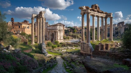 Ruins of Roman Forum with Broken Columns and Marble Statues