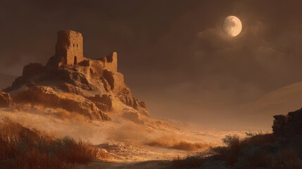 Obraz premium Ruins of a Desert Fortress Under the Moonlight in a Dramatic Scene