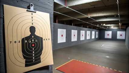 Indoor shooting range with paper target and silhouette for practice