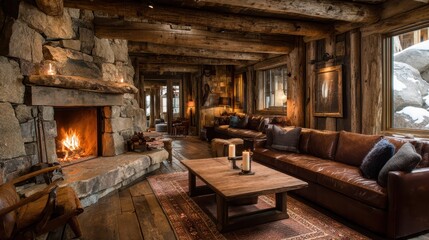 Cozy Rustic Cabin Living Room with Stone Fireplace and Wooden Accents