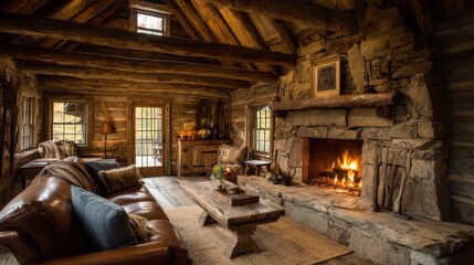 Cozy Rustic Cabin Living Room with Stone Fireplace and Warmth