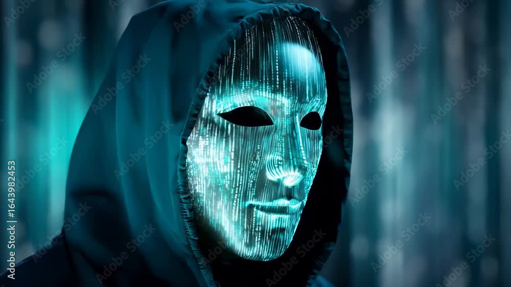 Poster hooded figure with digital matrix face projection. glowing blue technological mask covering identity