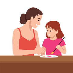 Fototapeta premium Mom and Daughter Painting Together. Flat vector illustration isolated on white background