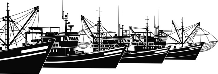 Black and white illustration of a fleet of commercial fishing boats docked in a harbor, ready for a day of fishing at sea, with detailed nets and rigging visible.