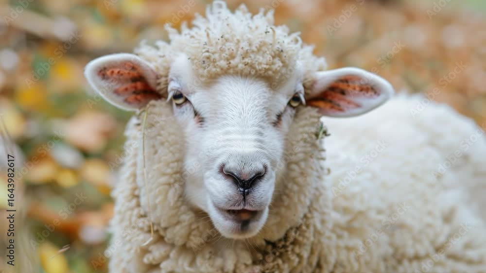Poster a close-up view of a sheep with its tongue extended
