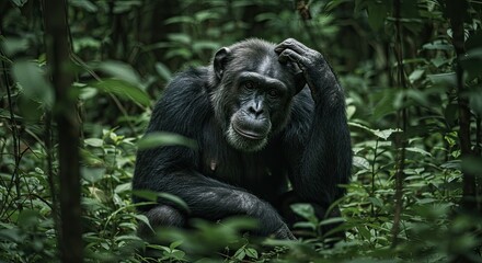 Naklejka premium Thoughtful Chimpanzee Pondering in Lush Green Jungle Under Soft Natural Light