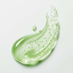 Green cosmetic gel with bubbles creates abstract shapes on white background