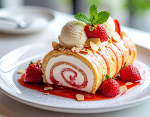 Biskuitrolle mit frischen Erdbeeren und Minze