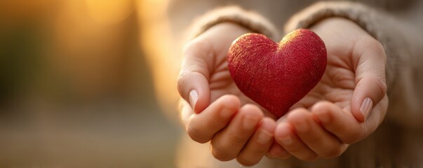 Hands gently cradling a red heart symbolizing love and care