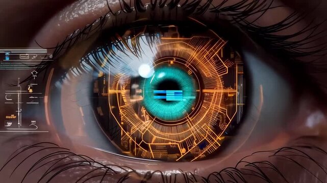 Close-up human eye with technological digital interface overlay, showing transition from organic to futuristic bionic vision. Detailed iris with circuit-like technological elements