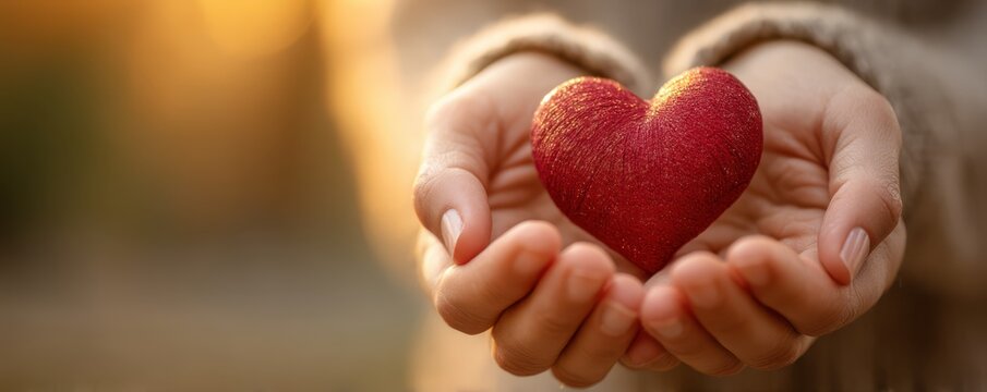 Hands gently cradling a red heart symbolizing love and care