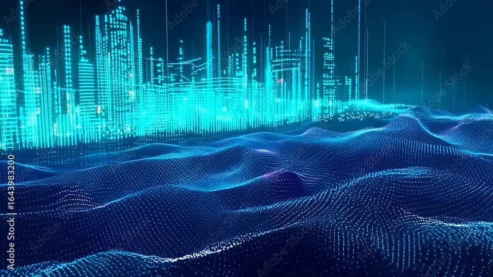 Poster abstract digital terrain with flowing particle waves and luminescent city skyline rendered in deep b