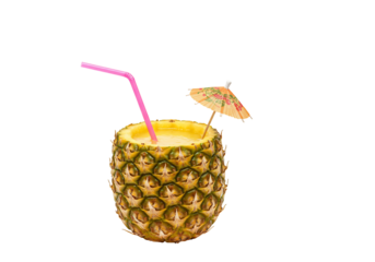 Tropical pineapple drink with straw and umbrella on transparent background