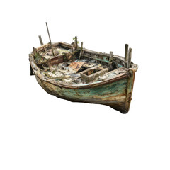 Decaying wooden boat on shore, coastal background, nautical ruin, potential use website, book