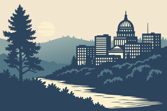 Boise skyline at twilight with the foothills in shadow and tall trees along the Boise River, modern flat illustration style.