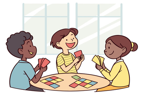 Children laughing while playing a math game with flashcards.