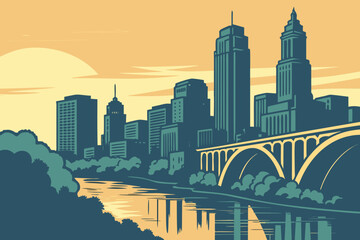 Downtown Minneapolis skyline at twilight with reflections on the Mississippi River and soft-lit buildings, modern flat illustration style.