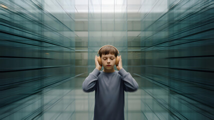 Fototapeta premium Autistic child boy with headphones in glass tunnel blur effect, conceptual image symbolizing sensory hypersensitivity, autism spectrum and perception challenges