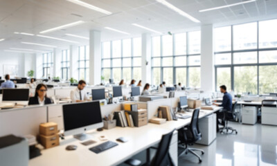 Out of focus, modern office interior with employees working on computers. Ideal for corporate, technology or business projects, conveying a tense atmosphere