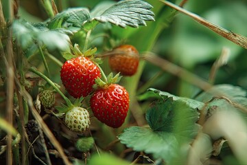 Ripe red strawberries nestled amongst lush green foliage and unripe berries, close-up view showcasing vibrant colors and natural textures
