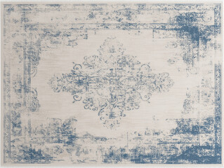 Elegant vintage blue and beige rug showing a worn design