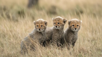 Obraz premium Smiling Cheetah Cubs Playful in the Savannah Grassland Landscape