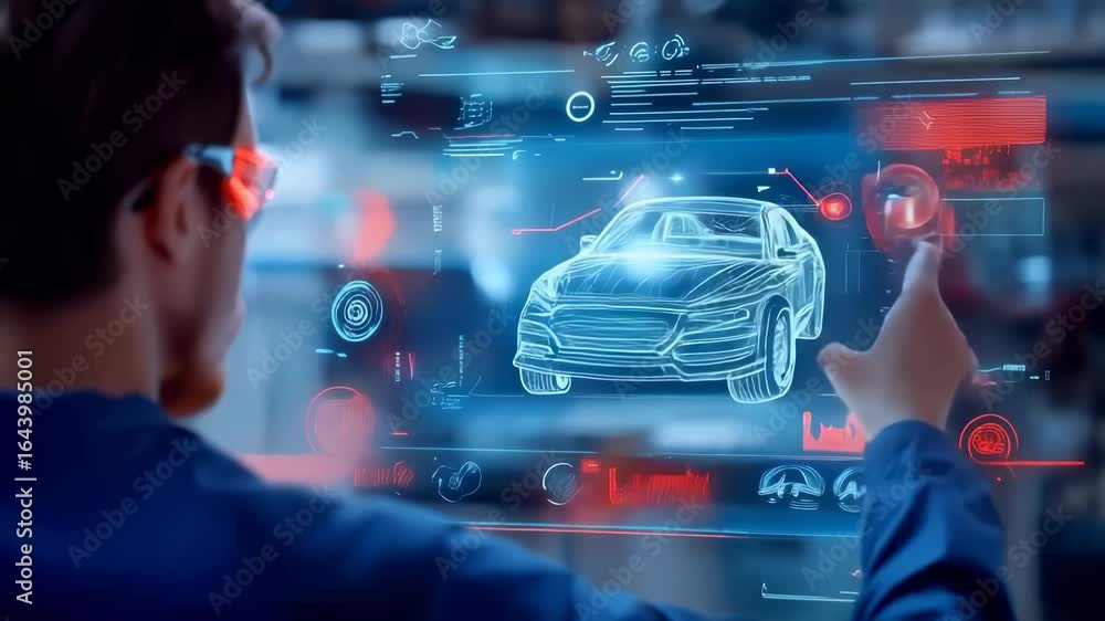 Poster professional in blue jacket interacts with futuristic holographic car model using augmented reality 