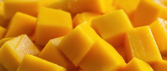 The vibrant mango cubes arranged in a colorful display of freshness.