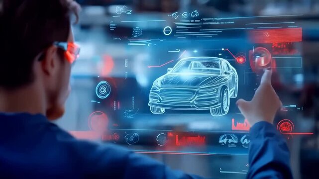 Professional in blue jacket interacts with futuristic holographic car model using augmented reality technology. Wireframe vehicle projection displays technical specifications and design details