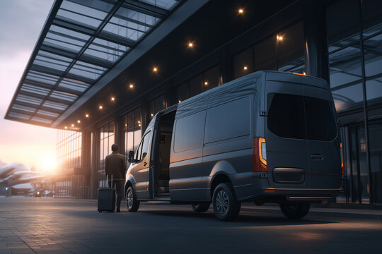 Fototapeta Airport shuttle van parked in designated pickup area, passenger boarding with luggage, transport service concept.