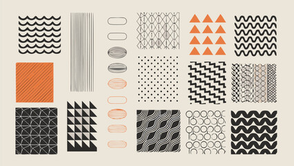 Collection of geometric patterns including waves, lines, triangles, circles and squares designs shown